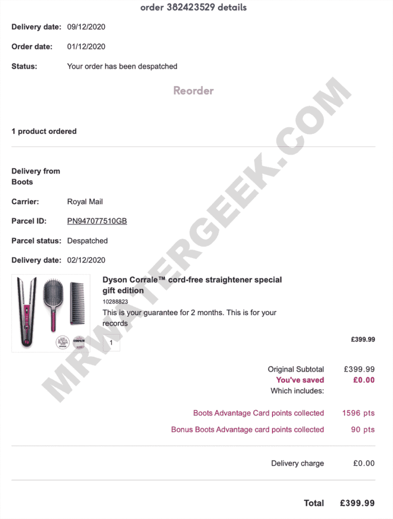 Dyson Corrale Straightener Receipt